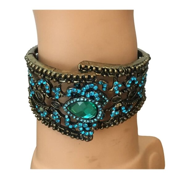 Capri Blue Zircon Antique-Style Brass Cuff Bracelet - Picture 2 of 4